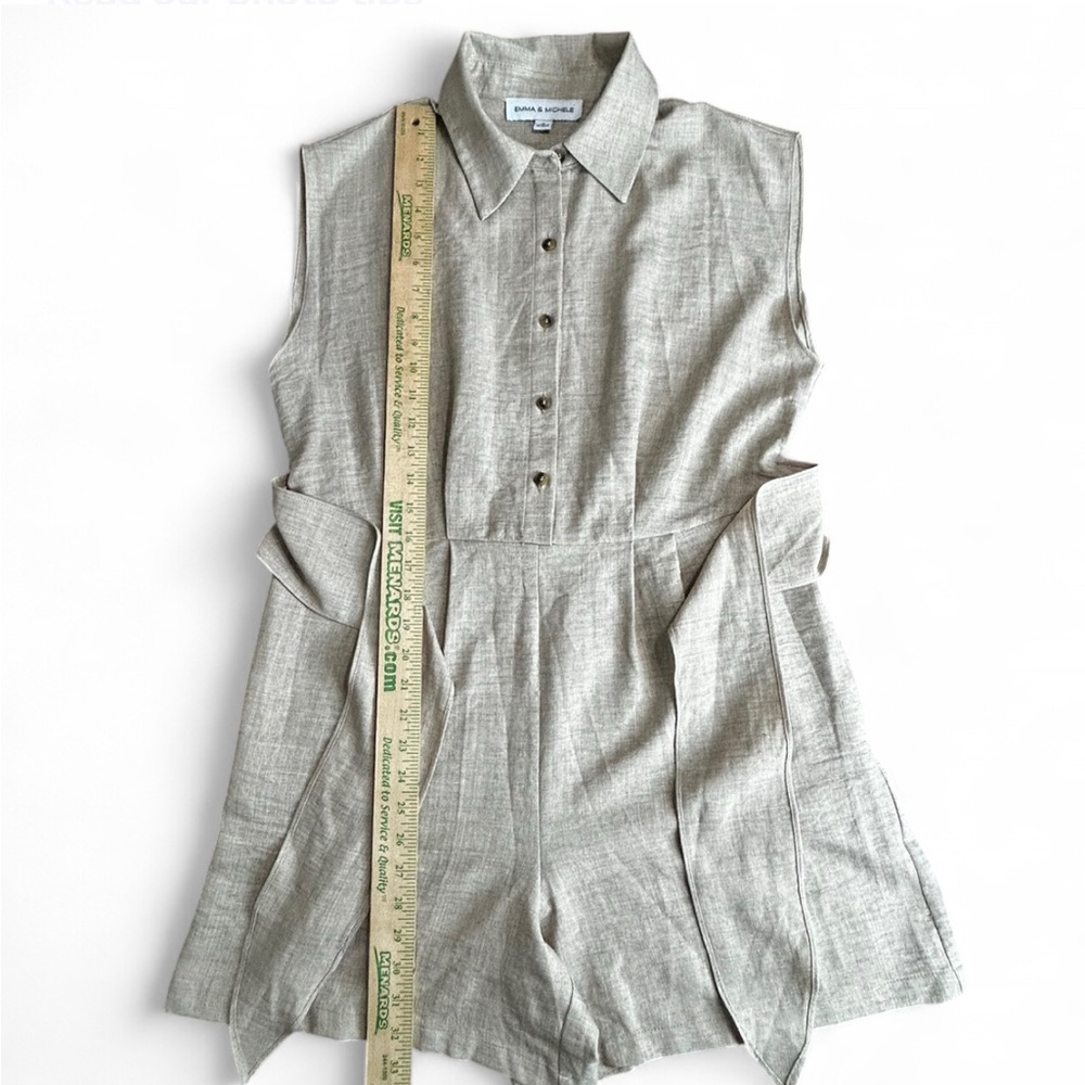 EMMA & MICHELE Taupe Sleeveless Romper M, W/Button Up Pockets Tie Waist - Picture 7 of 8